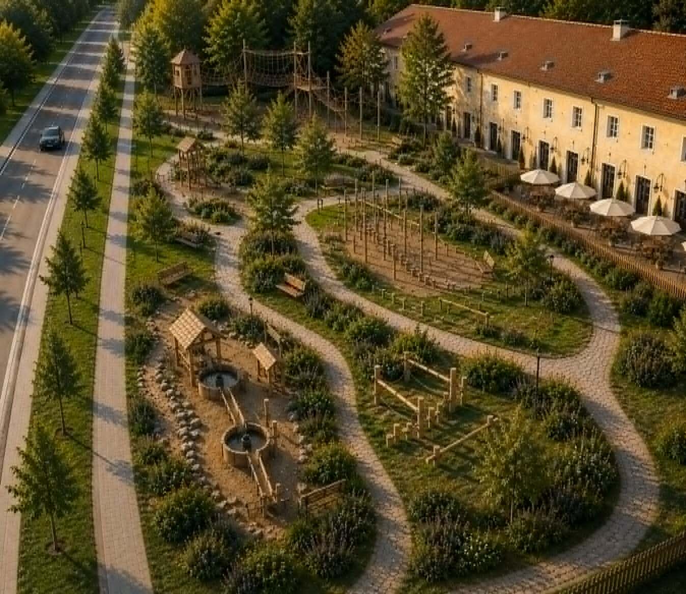 Vizualizace přírodního dětského hřiště u sýpky